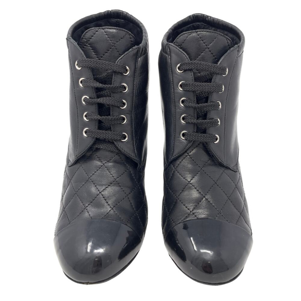 Chanel‎ Shoes Ankle Boots CC Logo Quilted Black Leather Cap Toe High Heels EU 37 - Picture 3 of 9
